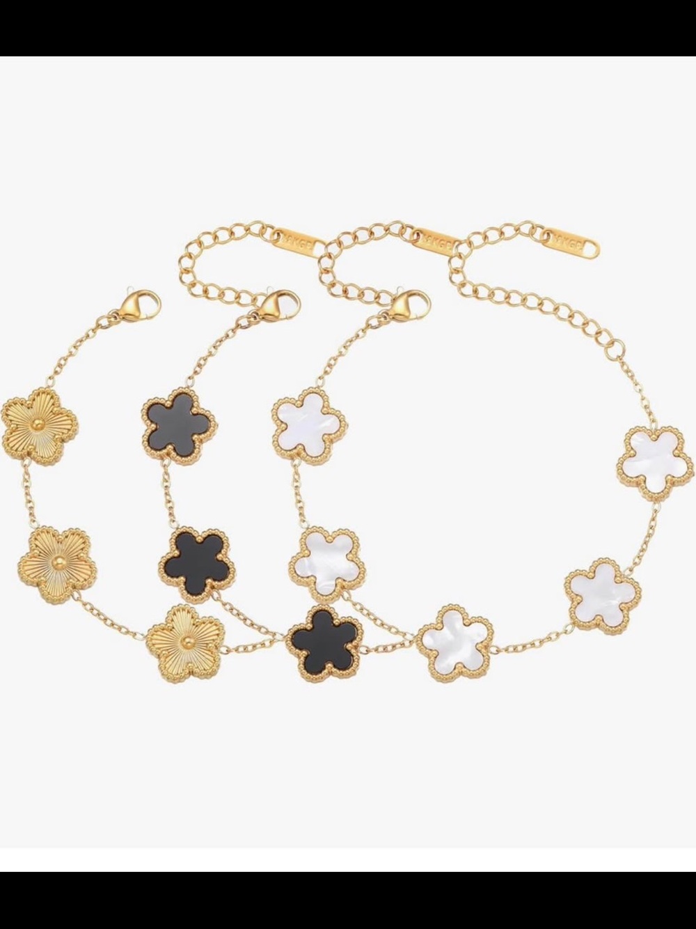 Gold Four-Leaf Clover Bracelet with Black and White Stones